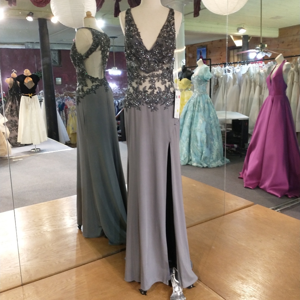 Rachel Allan Rhinestone & Applique Cut Out Dress